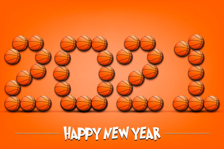 Happy New Year. 2021 numbers made from basketball balls. Design pattern for greeting card, banner, poster, flyer, party invitation, calendar. Vector illustrationのイラスト素材