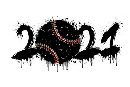 Abstract numbers 2021 and baseball ball made of blots in grunge style. 2021 New Year on an isolated background. Design pattern. Vector illustrationのイラスト素材