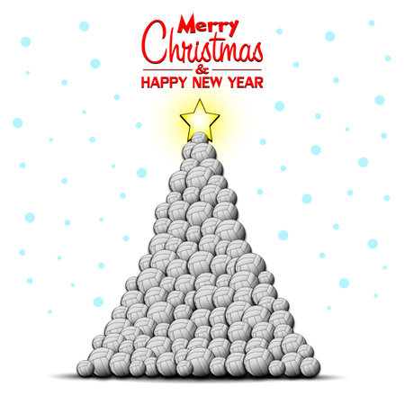 Merry Christmas and Happy New Year. Christmas tree made of volleyball balls. Snowflakes on the background. Greeting card design template with for new year. Vector illustrationのイラスト素材
