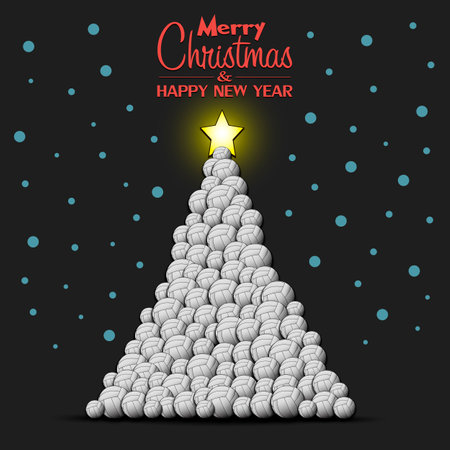 Merry Christmas and Happy New Year. Christmas tree made of volleyball balls. Snowflakes on the background. Greeting card design template with for new year. Vector illustrationのイラスト素材