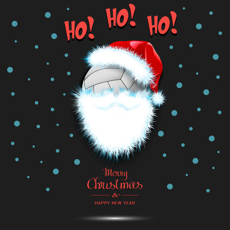 Merry Christmas and Happy New Year. Santa in the form of a volleyball ball. Volleyball ball with beard and santa hat. Greeting card design template with for new year. Vector illustrationのイラスト素材