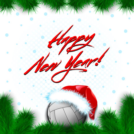 Merry Christmas and Happy New year. Volleyball ball in a santa hat with branches of a Christmas tree and snowflakes. Greeting card design pattern. Vector illustrationのイラスト素材