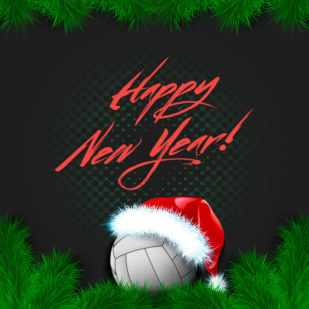 Merry Christmas and Happy New year. Volleyball ball in a santa hat with branches of a Christmas tree and snowflakes. Greeting card design pattern. Vector illustrationのイラスト素材
