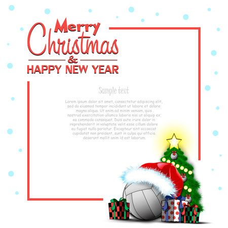 Merry Christmas and Happy New Year. Frame with volleyball ball, Christmas tree and gift boxes. Greeting card design template with for new year. Vector illustrationのイラスト素材