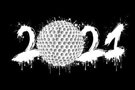 Abstract numbers 2021 and golf ball made of blots in grunge style. 2021 New Year on an isolated background. Design pattern. Vector illustrationのイラスト素材