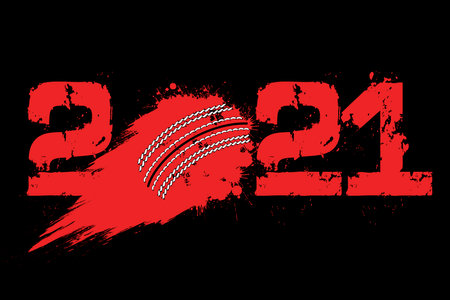 Abstract numbers 2021 and cricket ball made of blots in grunge style. 2021 New Year on an isolated background. Design pattern. Vector illustrationのイラスト素材