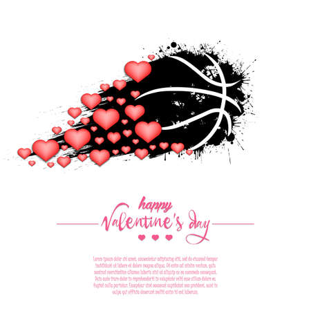 Happy Valentines Day. Flying abstract basketball ball made from blots and hearts by milky way. Grunge style. Pattern for banner, poster, greeting card, party invitation. Vector illustrationのイラスト素材