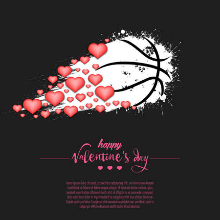 Happy Valentines Day. Flying abstract basketball ball made from blots and hearts by milky way. Grunge style. Pattern for banner, poster, greeting card, party invitation. Vector illustrationのイラスト素材