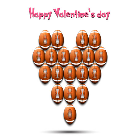 Happy Valentines Day. Football balls located in the form of a heart. Design pattern on the football theme for greeting card, logo, emblem, banner, poster, flyer, badges. Vector illustrationのイラスト素材