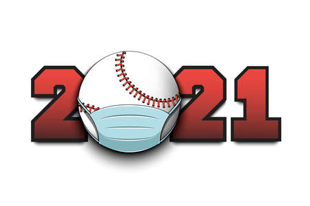 2021 and baseball ball in mask. Stop covid-19 outbreak. Caution risk disease coronavirus. Cancellation of sports tournaments. Vector illustrationのイラスト素材