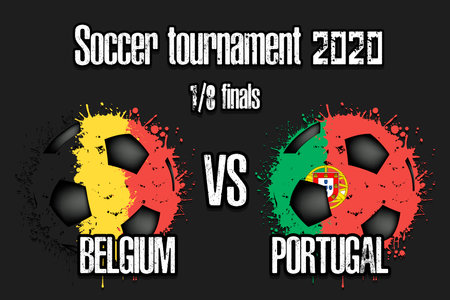 Soccer game Belgium vs Portugal. Football tournament match 2020. Postponed to 2021. Grunge texture. Design pattern. Vector illustrationのイラスト素材