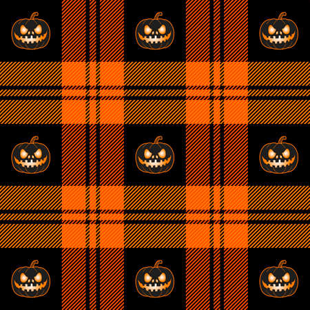 Halloween Tartan plaid. Scottish pattern in black and orange cage. Scottish cage and pumpkins. Traditional Scottish checkered background. Seamless fabric texture. Vector illustrationのイラスト素材