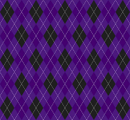 Halloween Argyle plaid. Scottish pattern in black and violet rhombuses. Scottish cage. Traditional Scottish background of diamonds. Seamless fabric texture. Vector illustrationのイラスト素材