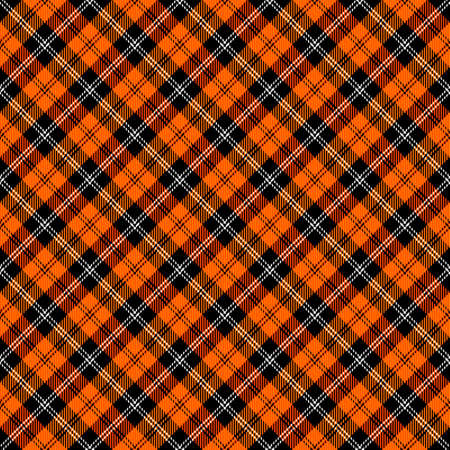 Diagonal tartan Halloween plaid. Scottish pattern in orange and black cage. Scottish cage. Traditional Scottish checkered background. Seamless fabric texture. Vector illustrationのイラスト素材