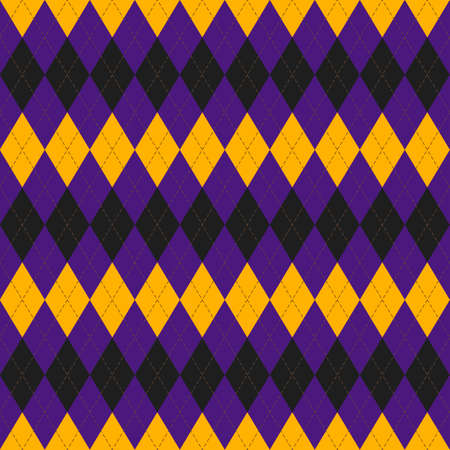 Halloween Argyle plaid. Scottish pattern in black, orange and violet rhombuses. Scottish cage. Traditional Scottish background of diamonds. Seamless fabric texture. Vector illustrationのイラスト素材