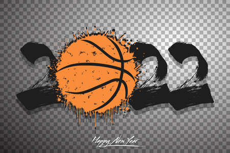 Numbers 2022 and a abstract basketball ball made of blots in grunge style. Design text  Happy New Year 2022. Template for greeting card, banner, poster. Vector illustration on isolated backgroundのイラスト素材