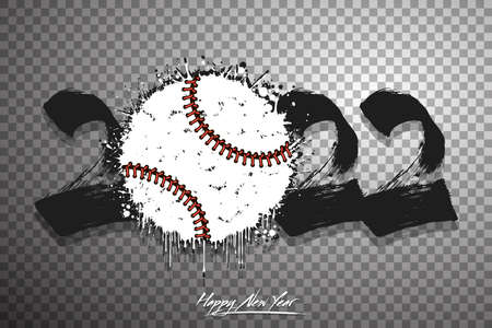 Numbers 2022 and a abstract baseball ball made of blots in grunge style. Design text logo Happy New Year 2022. Template for greeting card, banner, poster. Vector illustration on isolated backgroundのイラスト素材
