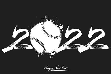 Numbers 2022 and a abstract baseball ball made of blots in grunge style. Design text logo Happy New Year 2022. Template for greeting card, banner, poster. Vector illustration on isolated backgroundのイラスト素材