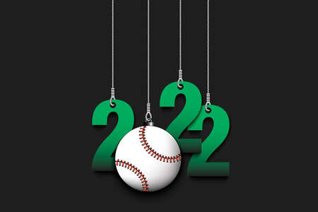 Numbers 2022 and baseball ball as a Christmas decorations are hanging on strings. New Year 2022 are hang on cords. Template design for greeting card. Vector illustration on isolated backgroundのイラスト素材