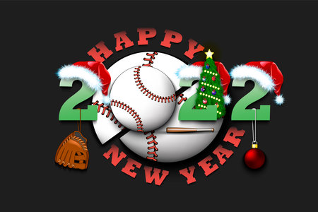 Happy new year. 2022 with baseball ball. Numbers in Christmas hats with baseball glove and Christmas tree ball. Original template design for greeting card. Vector illustration on isolated backgroundのイラスト素材