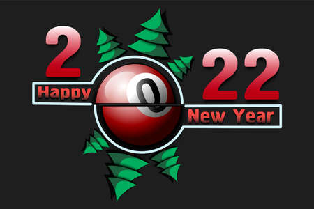 Happy new year. 2022 with billiard ball and Christmas trees. Original template design for greeting card, banner, poster. Vector illustration on isolated backgroundのイラスト素材