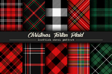 Set Christmas tartan plaid. Scottish pattern in red, black and green cage. Scottish cage....