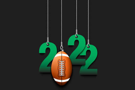 Numbers 2022 and football ball as a Christmas decorations are hanging on strings. New Year 2022 are hang on cords. Template design for greeting card. Vector illustration on isolated backgroundのイラスト素材