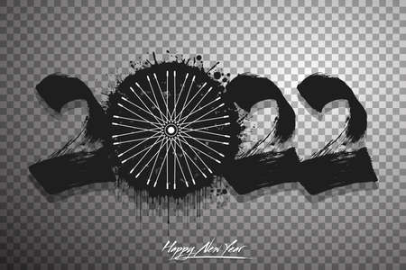 Numbers 2022 and a abstract bike wheel made of blots in grunge style. Design text Happy New Year 2022. Template for greeting card, banner, poster. Vector illustration on isolated backgroundのイラスト素材