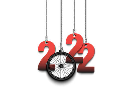 Numbers 2022 and bike wheel as a Christmas decorations are hanging on strings. New Year 2022 are hang on cords. Template design for greeting card. Vector illustration on isolated backgroundのイラスト素材