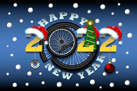 Happy new year. 2022 with bike wheel. Numbers in Christmas hats and Christmas tree balls. Original template design for greeting card. Vector illustration on isolated backgroundのイラスト素材