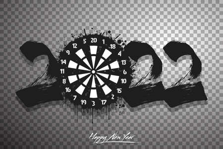 Numbers 2022 and a abstract dartboard made of blots in grunge style. Design text  Happy New Year 2022. Template for greeting card, banner, poster. Vector illustration on isolated backgroundのイラスト素材