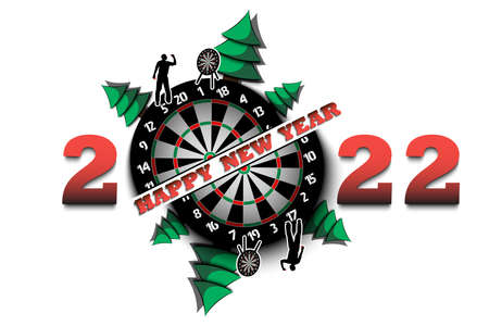 Happy new year. 2022 with dartboard ball, Christmas trees and darts player. Original template design for greeting card, banner, poster. Vector illustration on isolated backgroundのイラスト素材