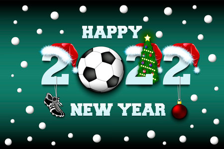 Happy new year. 2022 with soccer ball. Numbers in Christmas hats with football boot and Christmas tree ball. Original template design for greeting card. Vector illustration on isolated backgroundのイラスト素材