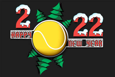 Happy new year. 2022 with tennis ball and Christmas trees. Snowy numbers and letters. Original...