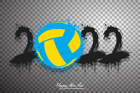 Numbers 2022 and a abstract volleyball ball made of blots in grunge style. Design text Happy New Year 2022. Template for greeting card, banner, poster. Vector illustration on isolated backgroundのイラスト素材