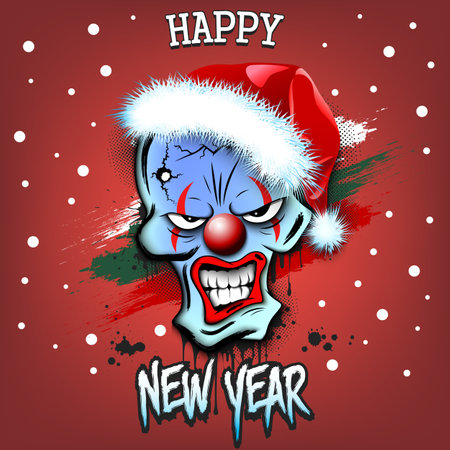 Happy New Year. Santa Claus skull. Face dead clown in hat Santa. Template design for poster, banner, greeting card, t-shirt. Vector illustration on isolated backgroundのイラスト素材