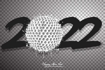 Numbers 2022 and a abstract golf ball made of blots in grunge style. Design text  Happy New Year 2022. Template for greeting card, banner, poster. Vector illustration on isolated backgroundのイラスト素材