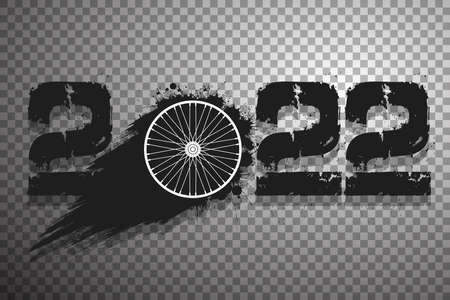 Numbers 2022 and flying abstract bike wheel made from blots with by milky way in grunge style. Happy New Year 2022. Design template for greeting card. Vector illustration on isolated backgroundのイラスト素材