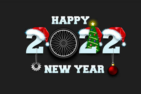 Happy new year. 2022 with bike wheel. Numbers in Christmas hats with football boot and Christmas tree ball. Original template design for greeting card. Vector illustration on isolated backgroundのイラスト素材