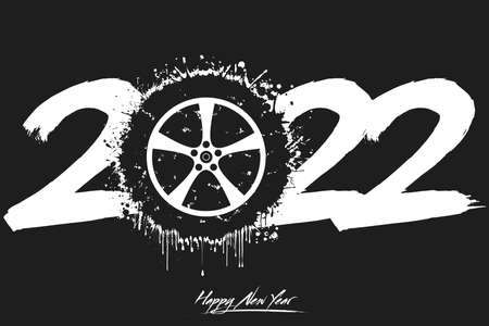 Numbers 2022 and a abstract car wheel made of blots in grunge style. Design text logo Happy New Year 2022. Template for greeting card, banner, poster. Vector illustration on isolated backgroundのイラスト素材