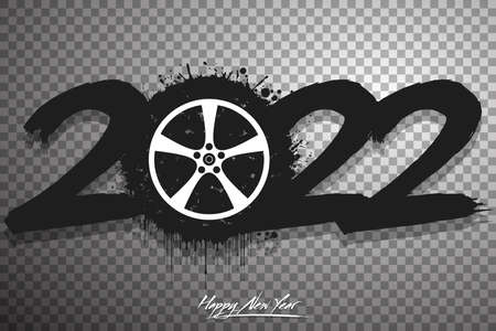 Numbers 2022 and a abstract car wheel made of blots in grunge style. Design text logo Happy New Year 2022. Template for greeting card, banner, poster. Vector illustration on isolated backgroundのイラスト素材