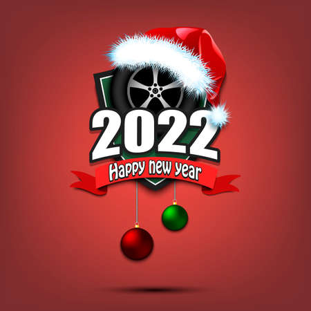 Happy new year 2022. Racing logo template design. Car wheel in santa hat. Design pattern for greeting card, banner, poster. Vector illustration on isolated backgroundのイラスト素材
