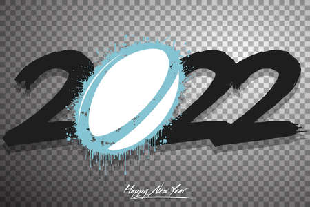 Numbers 2022 and a abstract rugby ball made of blots in grunge style. Design text logo Happy New Year 2022. Template for greeting card, banner, poster. Vector illustration on isolated backgroundのイラスト素材