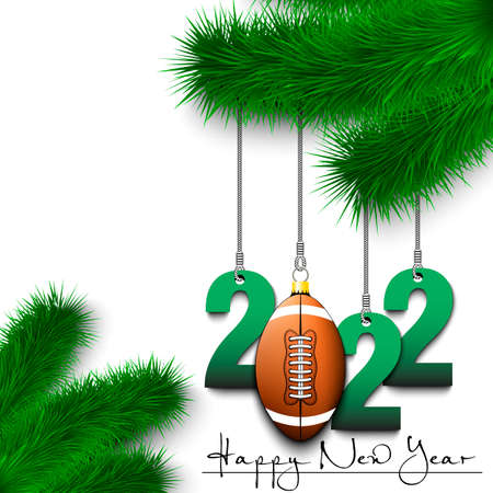 Happy New Year. Numbers 2022 and football ball as a Christmas decorations hanging on a Christmas tree branch. Design pattern for greeting card, banner, poster, flyer, invitation. Vector illustrationのイラスト素材