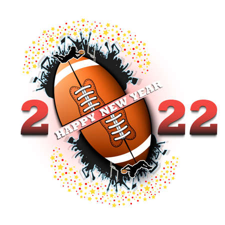 Happy new year. 2022 with football ball, player and fans. Original template design for greeting card, banner, poster. Vector illustration on isolated backgroundのイラスト素材
