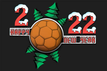 Happy new year. 2022 with handball ball and Christmas trees. Snowy numbers and letters. Original template design for greeting card, banner, poster. Vector illustration on isolated backgroundのイラスト素材
