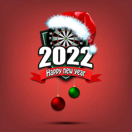 Happy new year 2022. Darts logo template design. Dartboard in santa hat. Design pattern for greeting card, banner, poster. Vector illustration on isolated backgroundのイラスト素材