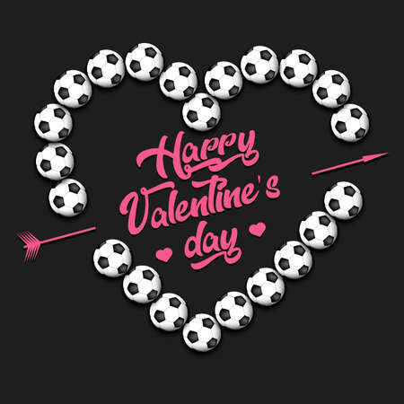 Happy Valentine's Day. Soccer balls laid out in the shape of the heart. Design pattern for greeting card, banner, poster, flyer, invitation party. Vector illustration on isolated backgroundのイラスト素材