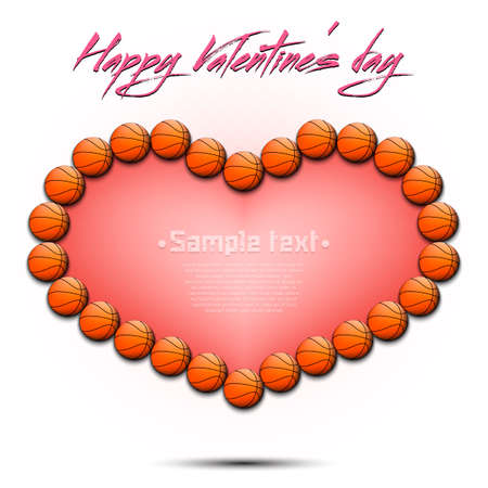 Happy Valentine's Day. Frame of basketball balls laid out in the shape of the heart. Design pattern for greeting card, banner, poster, invitation party. Vector illustration on isolated backgroundのイラスト素材