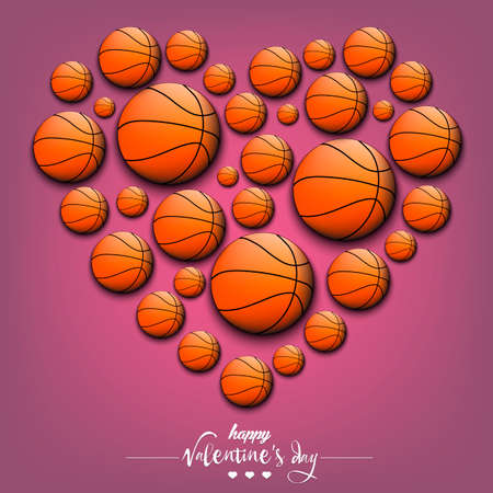 Happy Valentine's Day. Heart made of basketballs. Design pattern for greeting card, banner, poster, flyer, invitation party. Vector illustration on isolated backgroundのイラスト素材